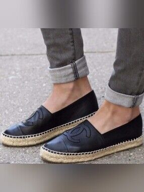Authentic Chanel Black Lambskin Espadrilles Size 38 US 7 Good Condition